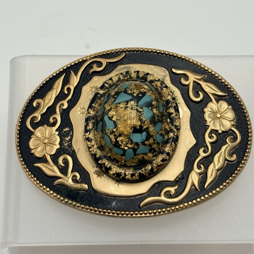 Turquoise Gold Flake Belt Buckle Glass Dome Gold Tone Black Western Floral
